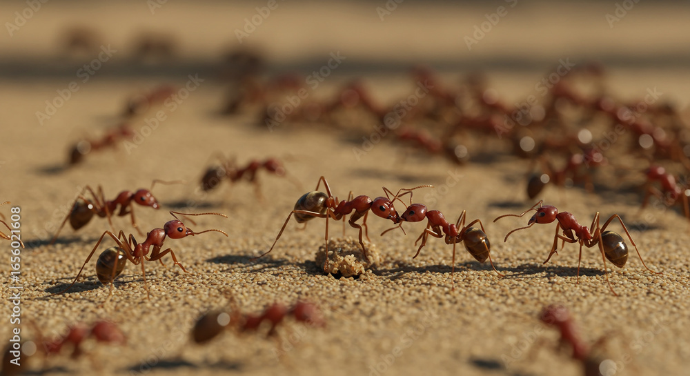 Obraz premium A group of red ants working together to move a small piece of food on a sandy surface, with more ants surrounding them.