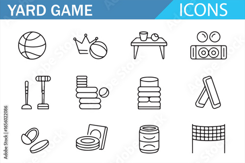 Line icon set of traditional yard games like cornhole, basketball, and horseshoes.