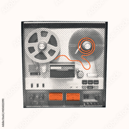 Vintage retro music halftone cassette recorder. Karaoke collage with audio equipment. Nostalgic grunge element of photocopy effect for sing poster, podcast, party. Trendy dotted isolated vector illust