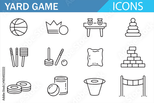 A collection of simple line icons representing various yard games like basketball, horseshoes, cornhole, and more, ideal for sports-related content, outdoor activities, and fun games design.