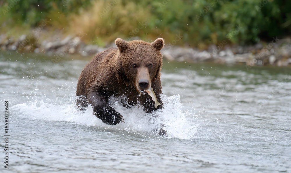 grizzly bear running through water catching a fish in its mouth grizzly bear running through water catching a fish in its mouth