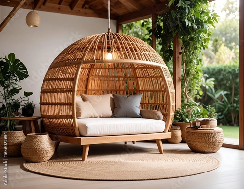 Relaxing wicker daybed in a covered patio