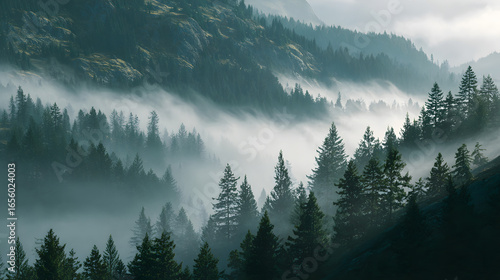 A misty forest landscape with evergreen trees, shrouded in a veil of fog creating a serene and atmospheric scene.