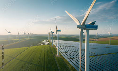 Sustainable Energy Future Wind Turbines Solar Panels Green Fields Nature