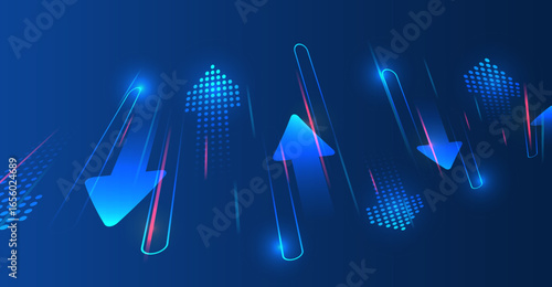 Futuristic background with vertical arrows and digital elements symbolizing growth, development and technology. Ideal for business presentations, banners and IT design.
