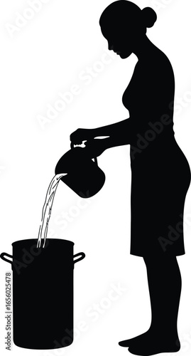 Female silhouette watering pot, rural lifestyle vector artwork