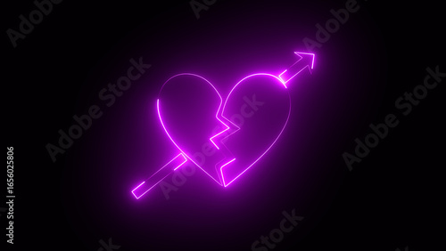 Neon broken heart and arrow, heart with arrow. Broken heart animation.
