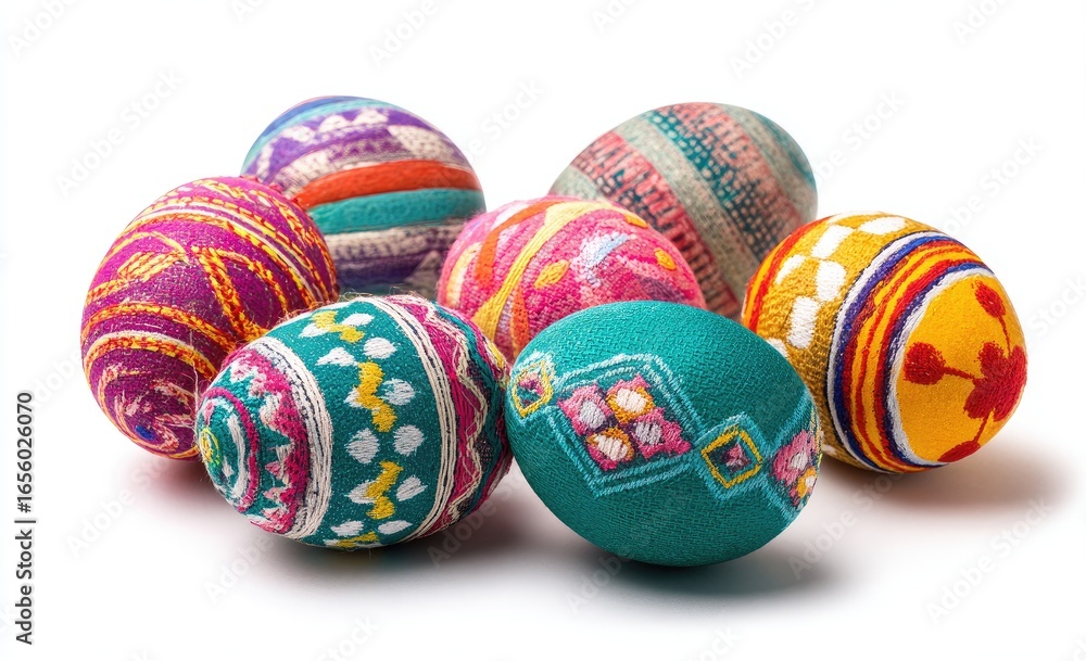 Obraz premium Colorful hand-decorated Easter eggs clustered on white background