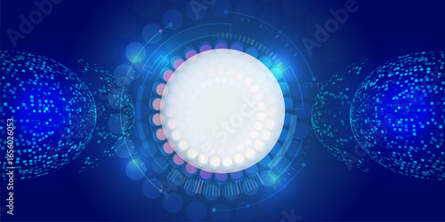 Futuristic background in blue tones with round elements and technological details. Ideal for high technologies, digital interfaces and innovations. Hi-tech presentations