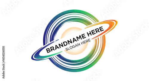 Dynamic circular logo with colorful brushstroke rings and a planetary orbital swoosh.