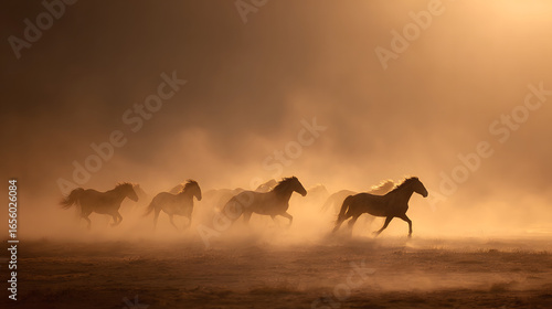 A mesmerizing spectacle of wild horses galloping through a dusty landscape at sunset, their silhouettes painted against the golden horizon.