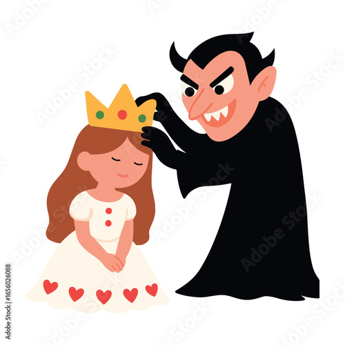 Vector illustration of an evil vampire crowning a young princess. Perfect for fairy tale, fantasy, Halloween or storytelling designs.
