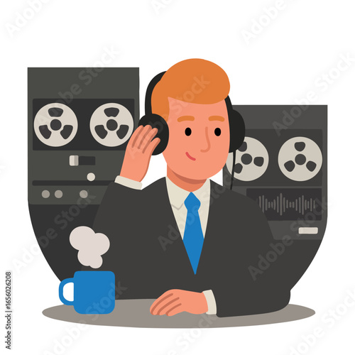 Vector illustration of a man in headphones listening to audio tapes. Cartoon worker in suit with reel-to-reel recorder and coffee mug, perfect for media, radio, sound, and office concepts.