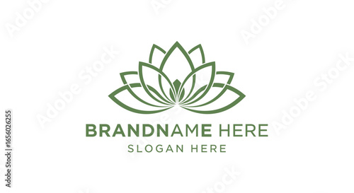 Elegant Green Outline Lotus Flower Logo Design with Brand Name and Slogan Text