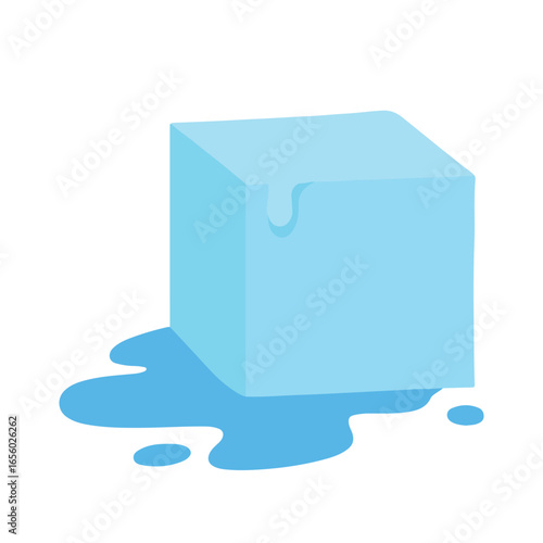 Vector illustration of a melting ice cube with water puddle. Simple flat design for freshness, cold, drink, and summer concepts.