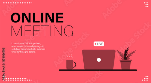 A laptop with a live meeting indicator and coffee.