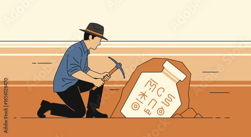 Flat illustration of a man in a fedora hat digging with a pickaxe, unearthing a large ancient bottle with symbols.