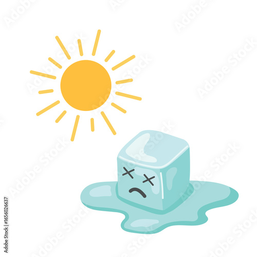 Sad melting ice cube under hot sun vector illustration, funny summer cartoon concept for climate change, heatwave and environment design.