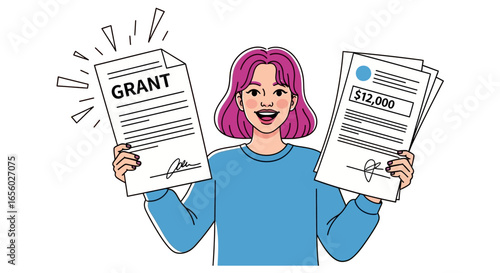 Excited woman holding a grant and a check for 12000 celebrating financial aid success against a white background perfect for illustrating business and educational opportunities.