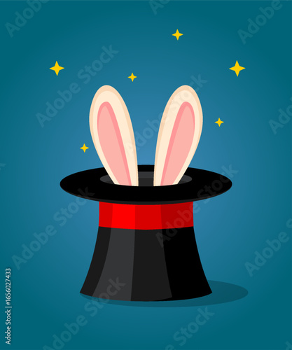 Magic hat with bunny ears. Illusion, focus, trick