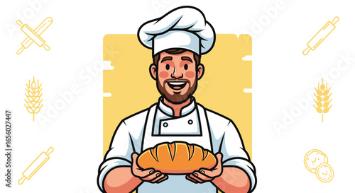 Illustrated happy baker with a beard, wearing a toque and apron, holding a warm loaf of bread.