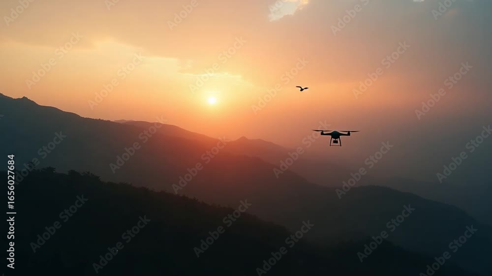 Drone flight over mountains sunset. Natural sunset atmosphere. Drone flight over mountains sunset. Natural sunset atmosphere.