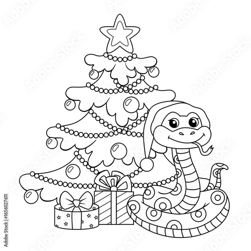 Cute cartoon snake in Santa Claus hat sitting near new year tree and Christmas gifts. Black and white vector illustration for coloring book
