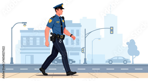 Male Police Officer in Uniform Walking, Blue Shirt, Dark Pants, Duty Belt