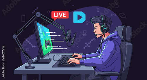 Live Streaming Gamer: Focused Young Man in Purple Hoodie Using Gaming Setup with Microphone and Headset