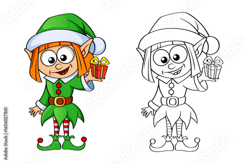 Christmas elf with gift. Merry Christmas and Happy New Year. Black and white illustration for coloring book with example in color