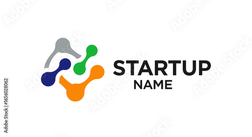 Modern startup logo with an abstract icon of colorful interconnected molecular shapes.