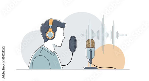 Profile view of a man with orange headphones recording audio into a studio microphone with a pop filter and sound wave.