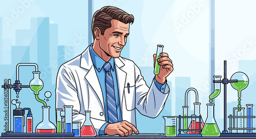 Pleased male scientist in a white lab coat smiling while examining a green liquid in a test tube.