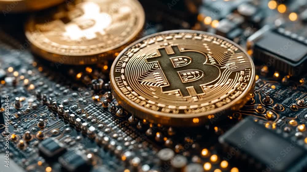 Amidst glimmering circuit boards, shiny coins represent the rise of digital currency. Witness how technology intertwines with finance in this captivating realm of cryptocurrency.