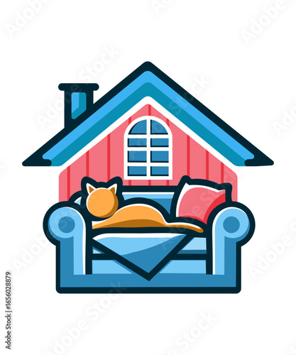cat resting comfortably on a couch inside a cozy house.
