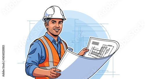 Smiling male engineer in a white hard hat and orange safety vest holding architectural blueprints.