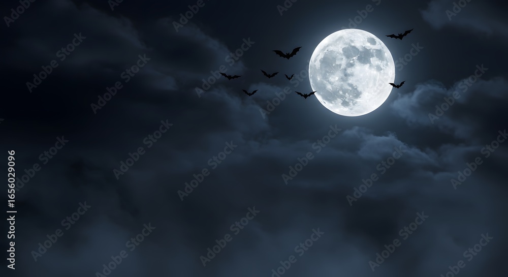 Naklejka premium Full moon shrouded in clouds, bats silhouetted against its bright light, nighttime scene.
