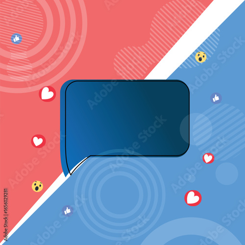 A lively and eye-catching abstract background with a red and blue color scheme, featuring a large, blank chat bubble or speech bubble. The design is ideal for conversational content, quotes, announcem