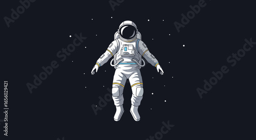 Stylized astronaut in white spacesuit with blue and yellow details, floating weightlessly in a flat vector illustration.