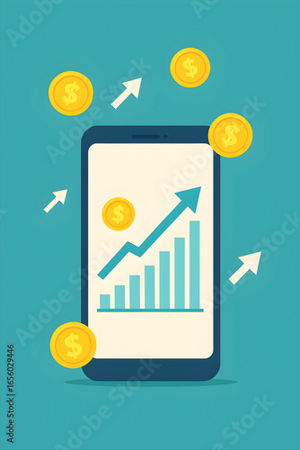 Financial Growth Through A Smartphone Interface. A Bar Graph with an Upward-Trending Arrow is Displayed on the Phone's Screen, Symbolizing Increasing Profits or Investments.    