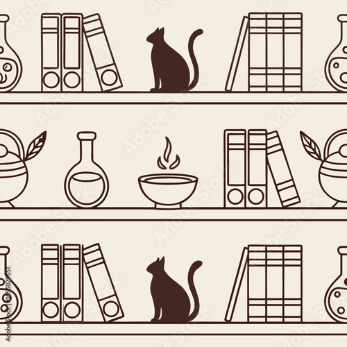 Seamless pattern of books flasks and cats on shelves background