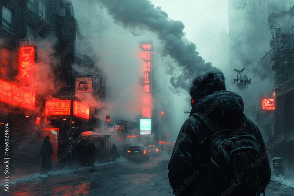 Obraz premium Man Walking In Foggy Neon City