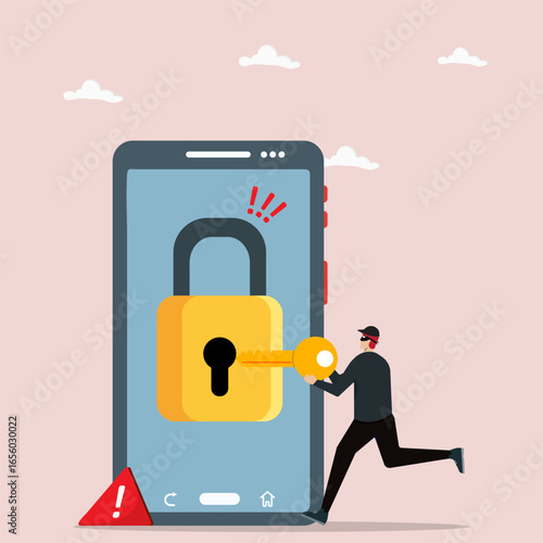 The thief using key to unlocking padlock on smartphone screen. Personal account hacking concept. Cyber attack, hacker stealing data information and digital phishing.
