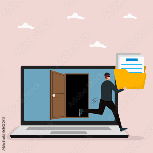 A criminal man thief holding folder data to running away from open door on scren laptop. Laptop hacker, cyber attack, online ransomware or malware to stealing personal data.
