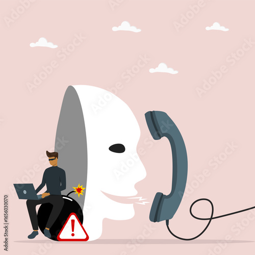 Hacker in mask using laptop to talking on scam phone call. Phone scam, fraud or stealing personal data, cyber attack hacking or thief with fake phone call or chat, illegal dishonesty concept.