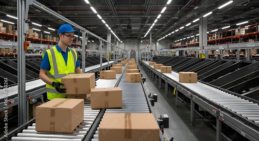 Naklejka premium Logistics Worker Loading Packages onto Conveyor Belt in Modern Distribution Center