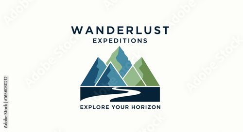 Wanderlust Expeditions travel logo with stylized blue and green mountain range and a winding river path.