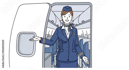 Welcoming Flight Attendant in Blue Uniform at Airplane Doorway