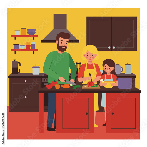 A happy family cooking together in a vibrant kitchen, with parents chopping vegetables and their daughter mixing ingredients.