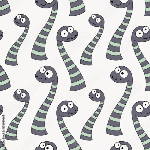 Seamless pattern of cartoon striped snakes with big eyes and smiling faces serpent reptile